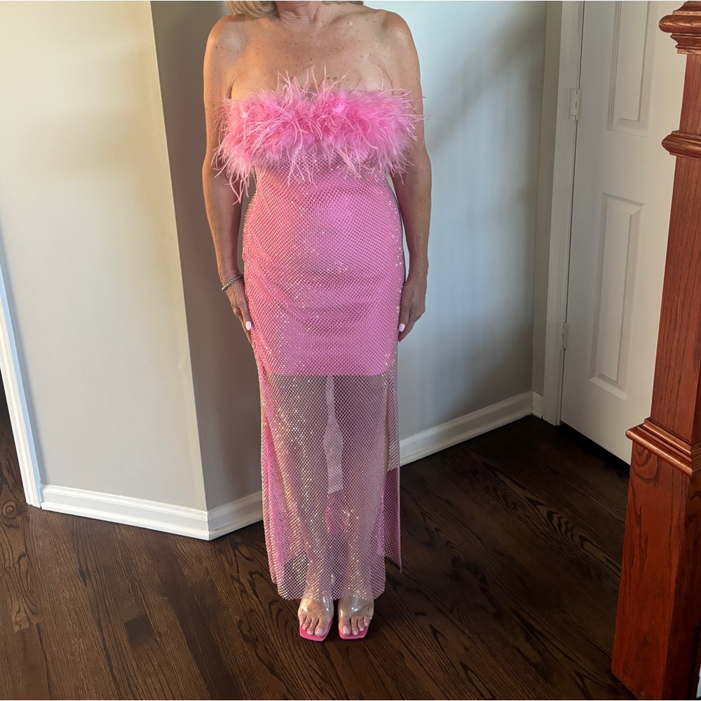 Mewmews Barbie Mesh Rhinestone Maxi Bandage Dress In Hot Pink - Picture 8 of 8